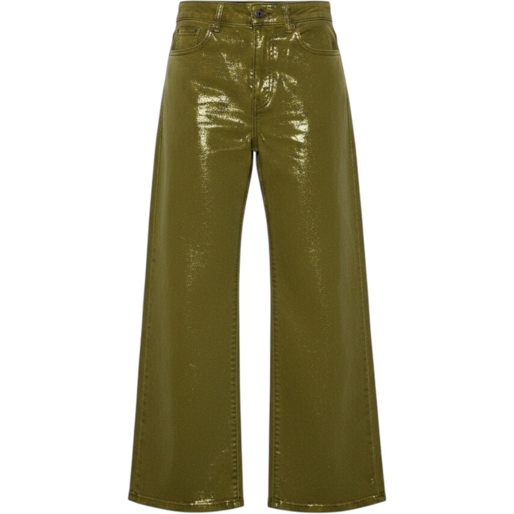 Q2 Premium Denim Metallic Gold Foil Olive Green Wide Leg Jeans Womens Size S